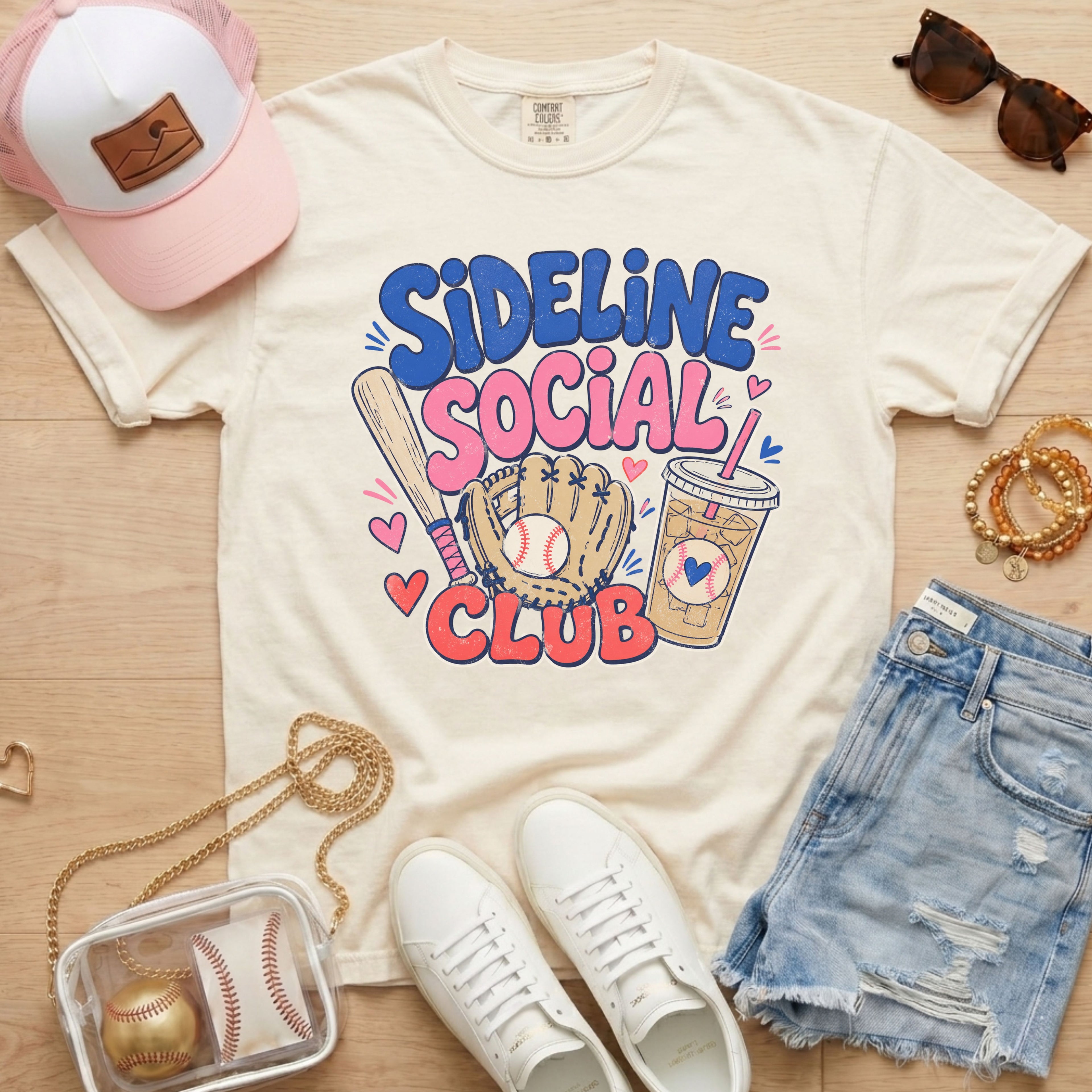 Sideline Social Club baseball mom Comfort Colors tee in ivory — relaxed fit boutique sports mom shirt