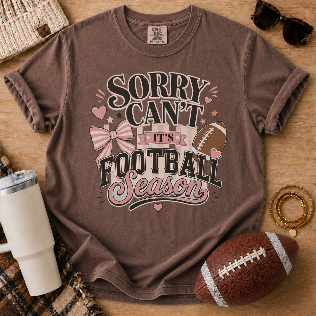 Espresso Comfort Colors football mom shirt with Sorry Can't It's Football Season design for football moms.