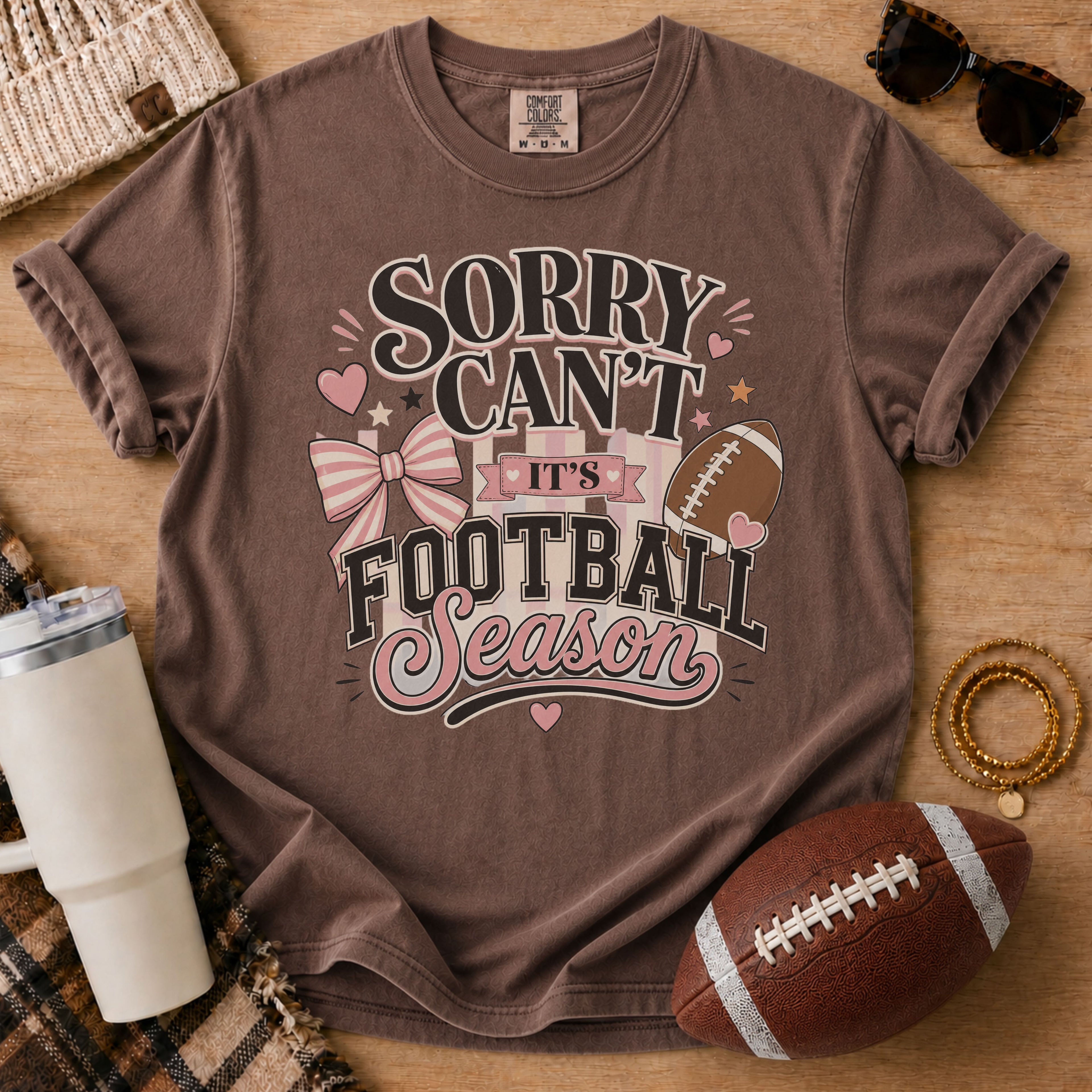 Espresso Comfort Colors football mom shirt with Sorry Can't It's Football Season design for football moms.
