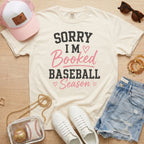 Ivory Sorry I’m Booked Baseball Season T-Shirt styled for baseball mom game days