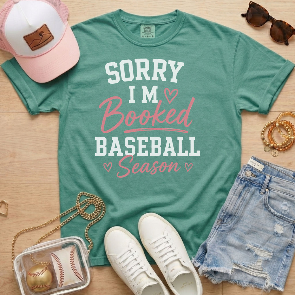 Light Green Sorry I’m Booked Baseball Season T-Shirt styled for baseball mom game days