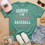 Light Green Sorry I’m Booked Baseball Season T-Shirt styled for baseball mom game days