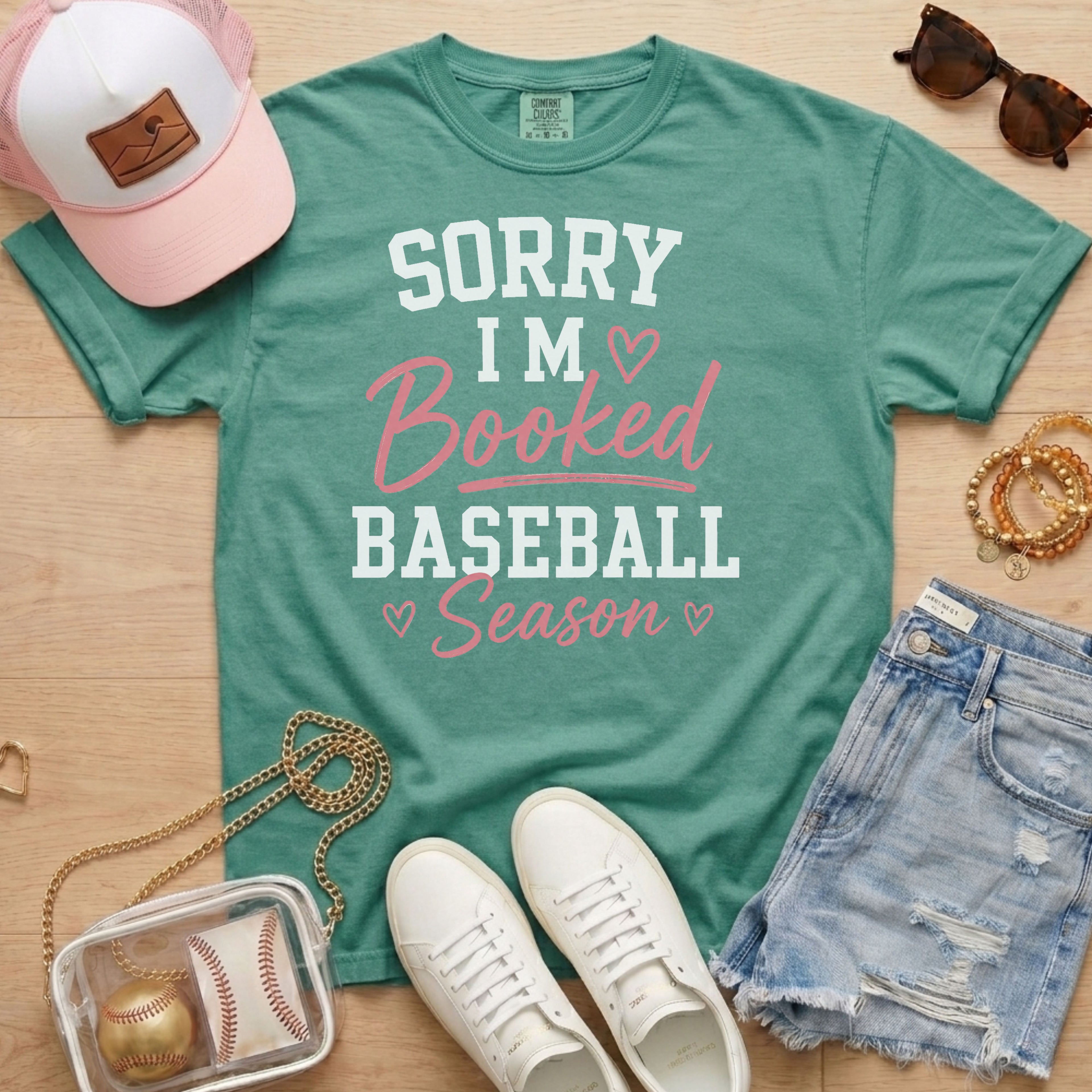 Light Green Sorry I’m Booked Baseball Season T-Shirt styled for baseball mom game days