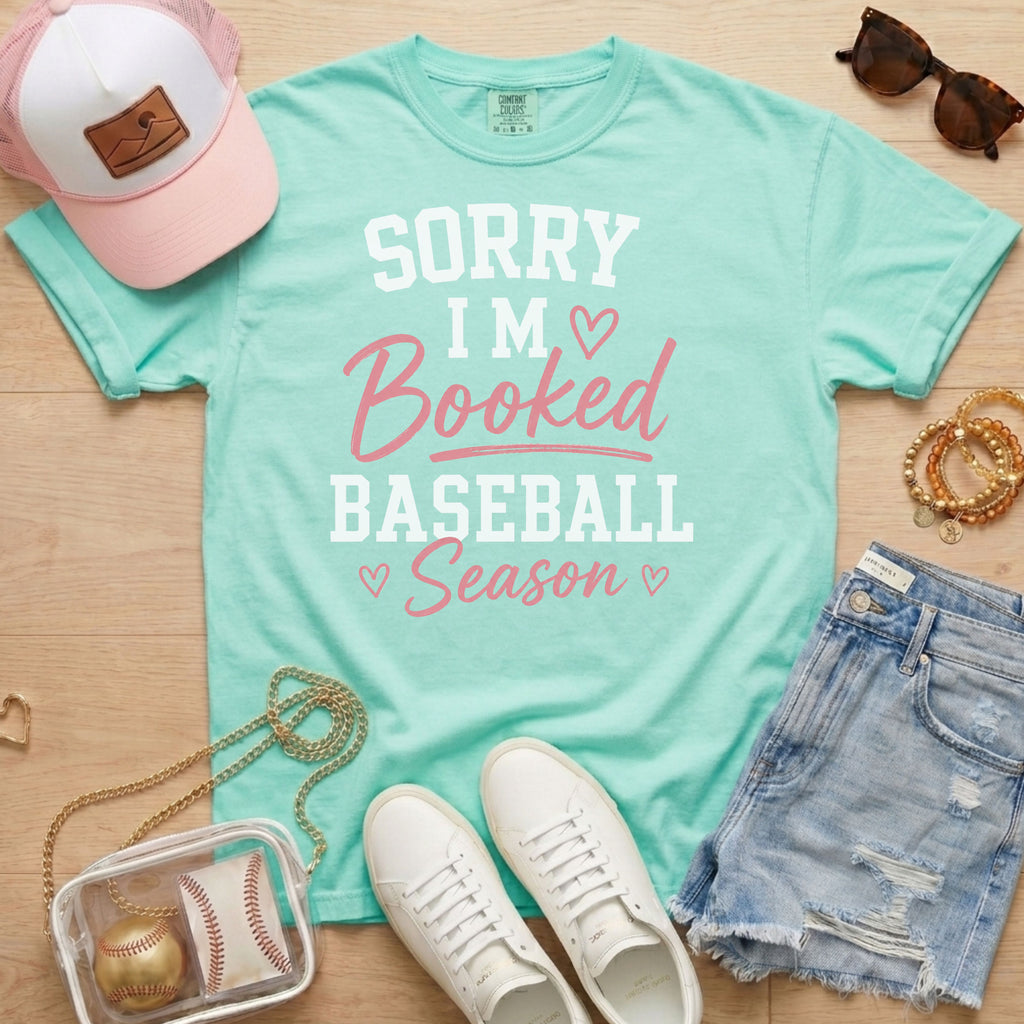 Mint Sorry I’m Booked Baseball Season T-Shirt styled for baseball mom game days