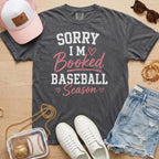 Pepper Sorry I’m Booked Baseball Season T-Shirt styled for baseball mom game days