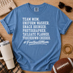Super Football Mom football mom Comfort Colors tee in Blue Jean, styled with a football and game day accessories