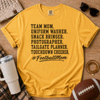 Super Football Mom football mom Comfort Colors tee in Mustard gold, styled with a football and tumbler