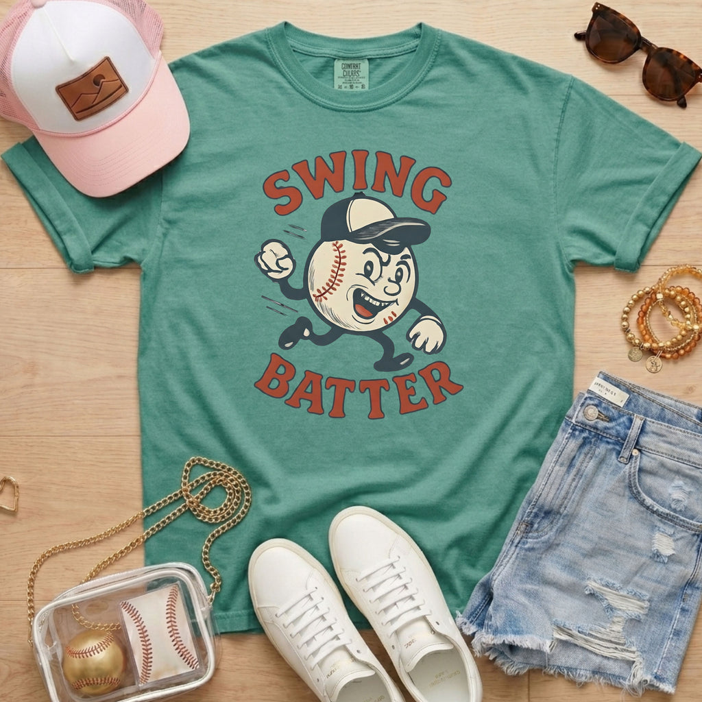Comfort Colors bay green shirt featuring a retro 1950s style baseball mascot for sports fans