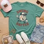 Comfort Colors bay green shirt featuring a retro 1950s style baseball mascot for sports fans