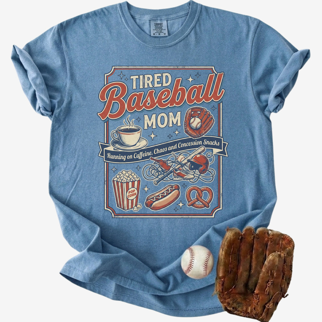 Blue: tired baseball mom shirt blue game day tee funny sports mom graphic shirt