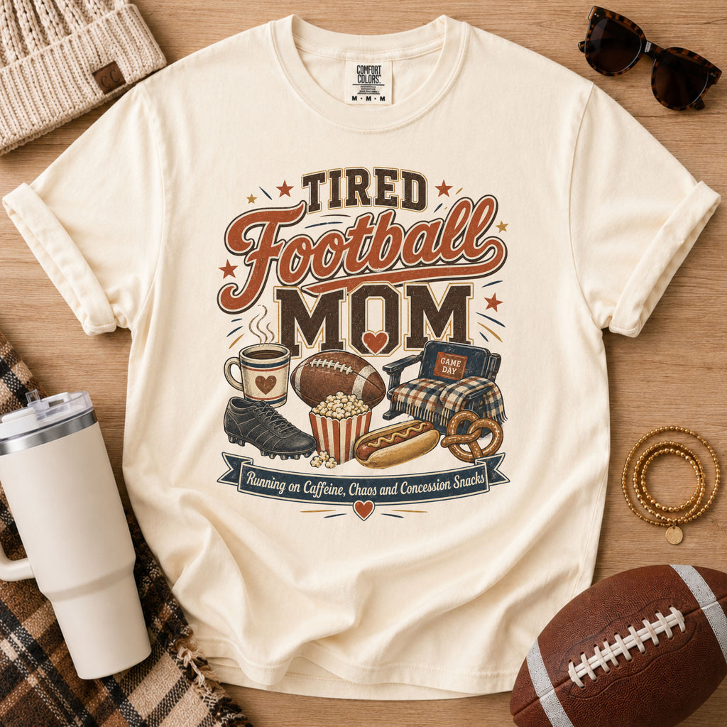 Ivory football mom shirt with vintage tired football mom design.