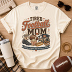 Ivory football mom shirt with vintage tired football mom design.