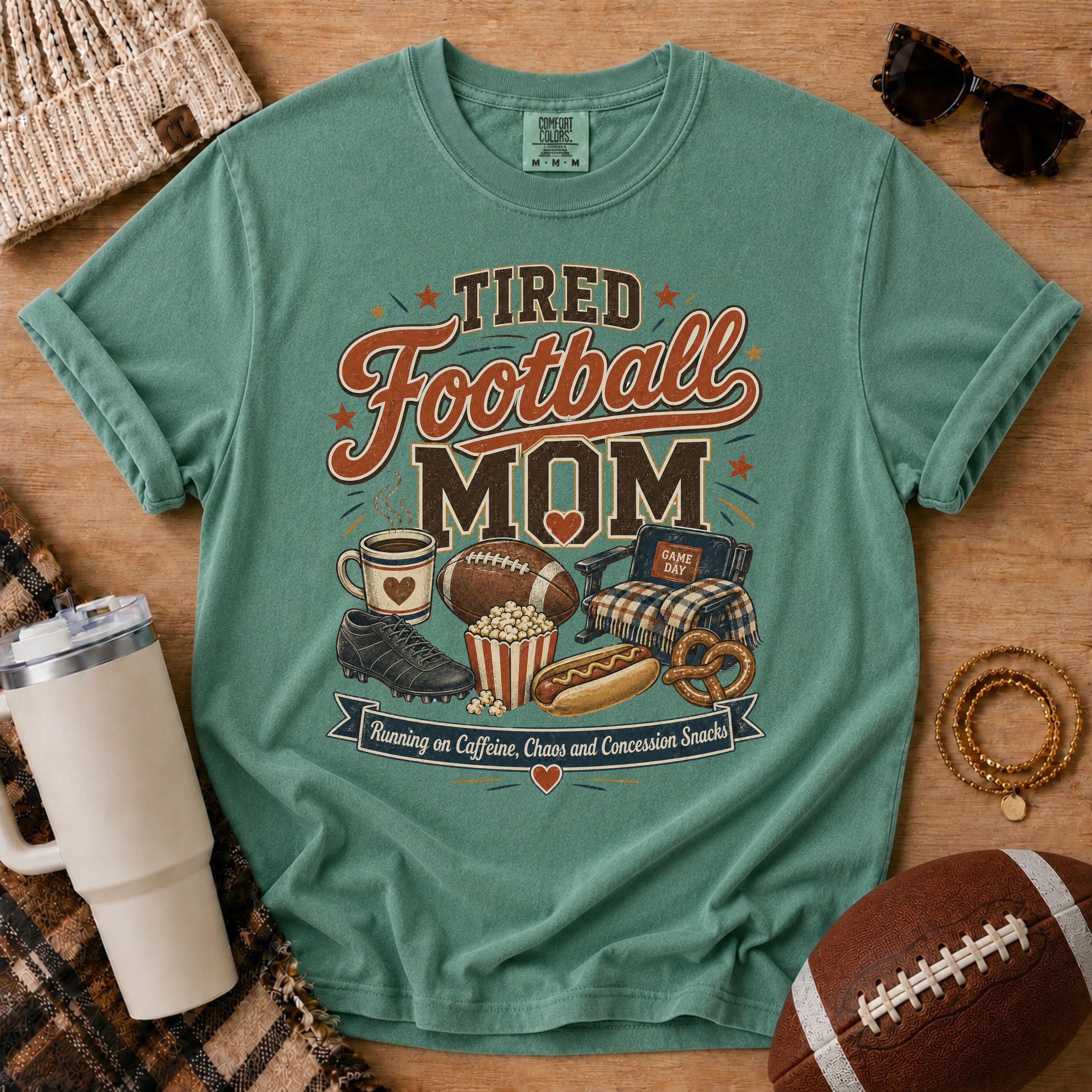 Light Green football mom shirt with caffeine chaos and concession snacks design.