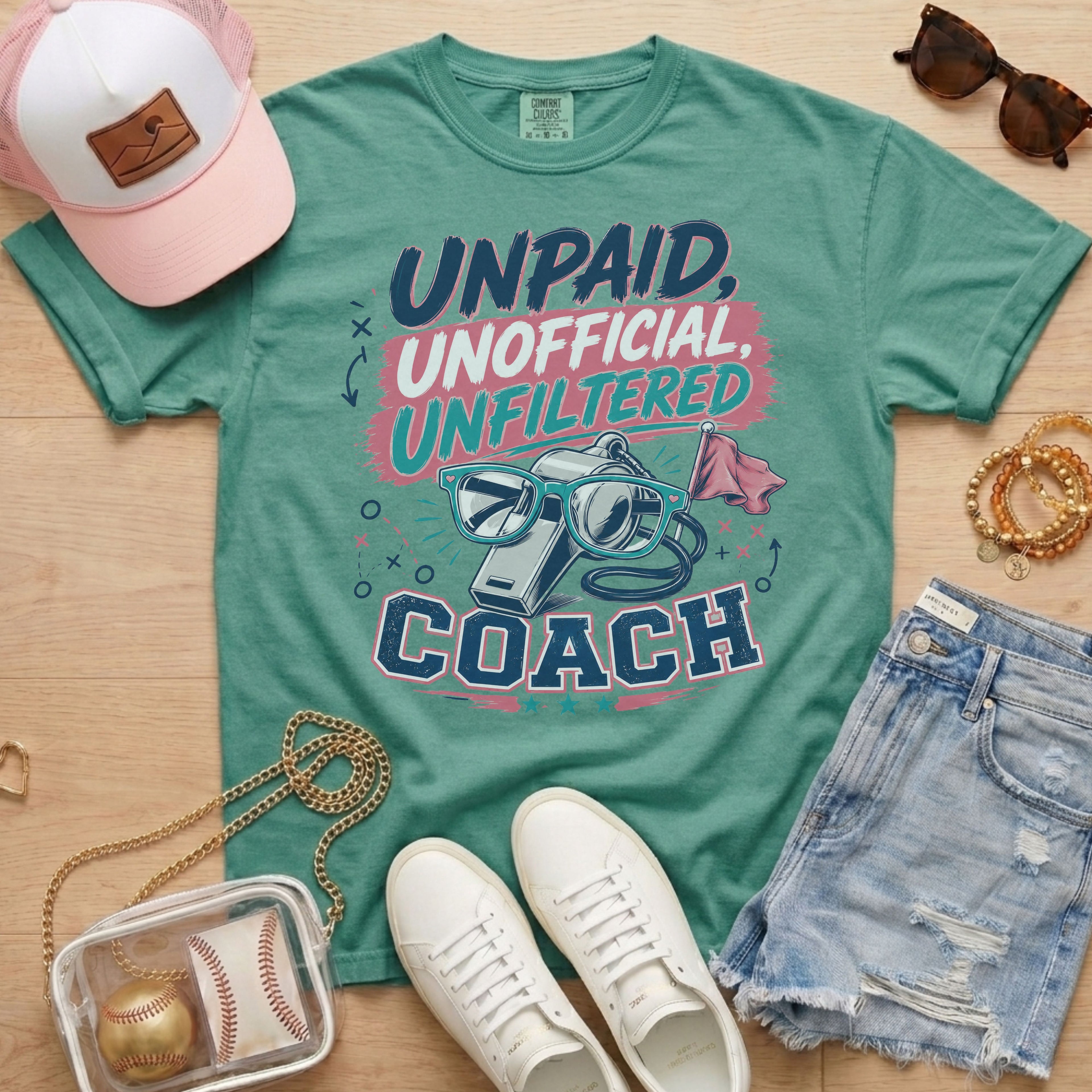 Unpaid Unofficial Unfiltered Coach Comfort Colors tee in chalky mint flat lay with trucker hat, denim shorts, and white sneakers.