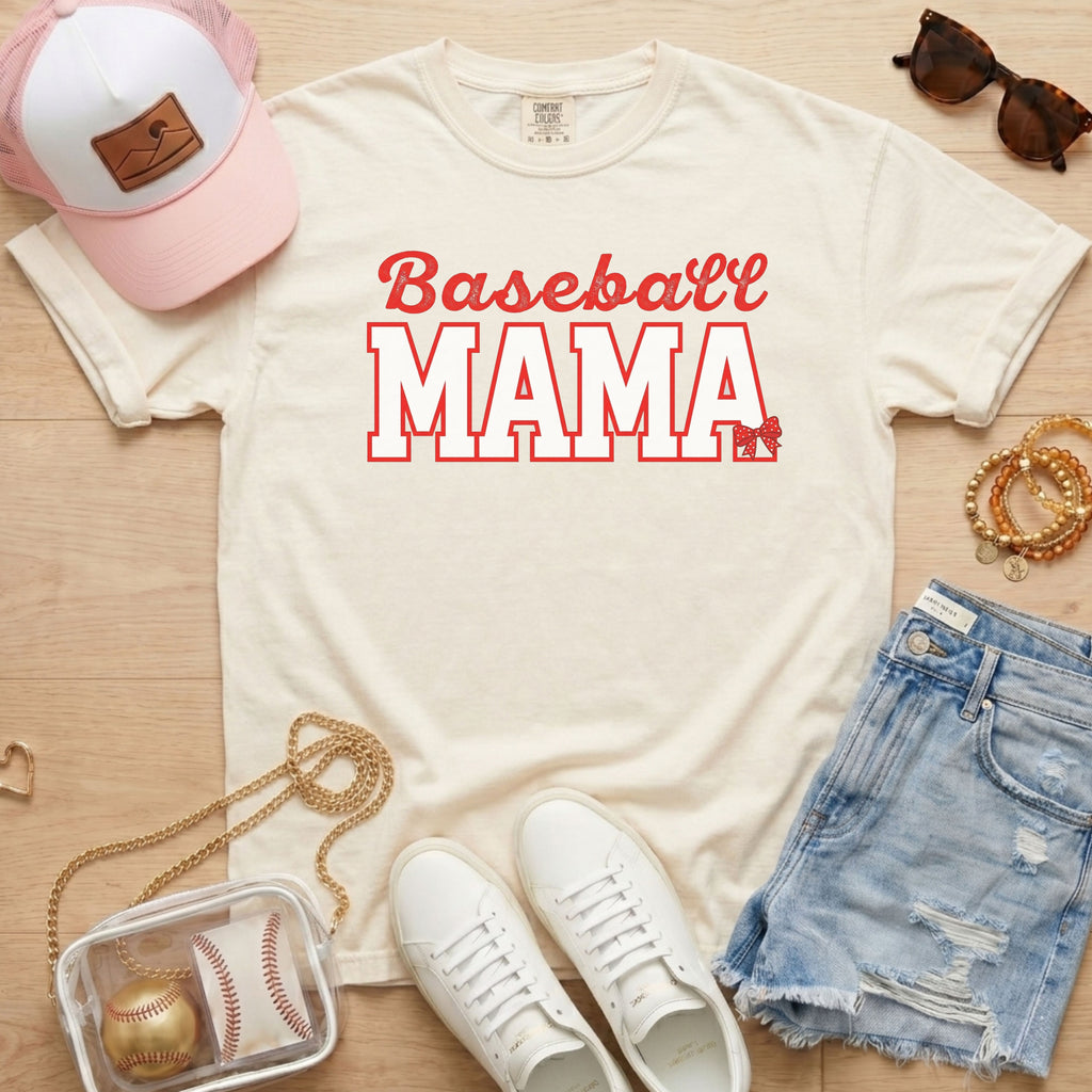 vory Baseball Mama shirt with red block lettering styled with denim shorts and white sneakers