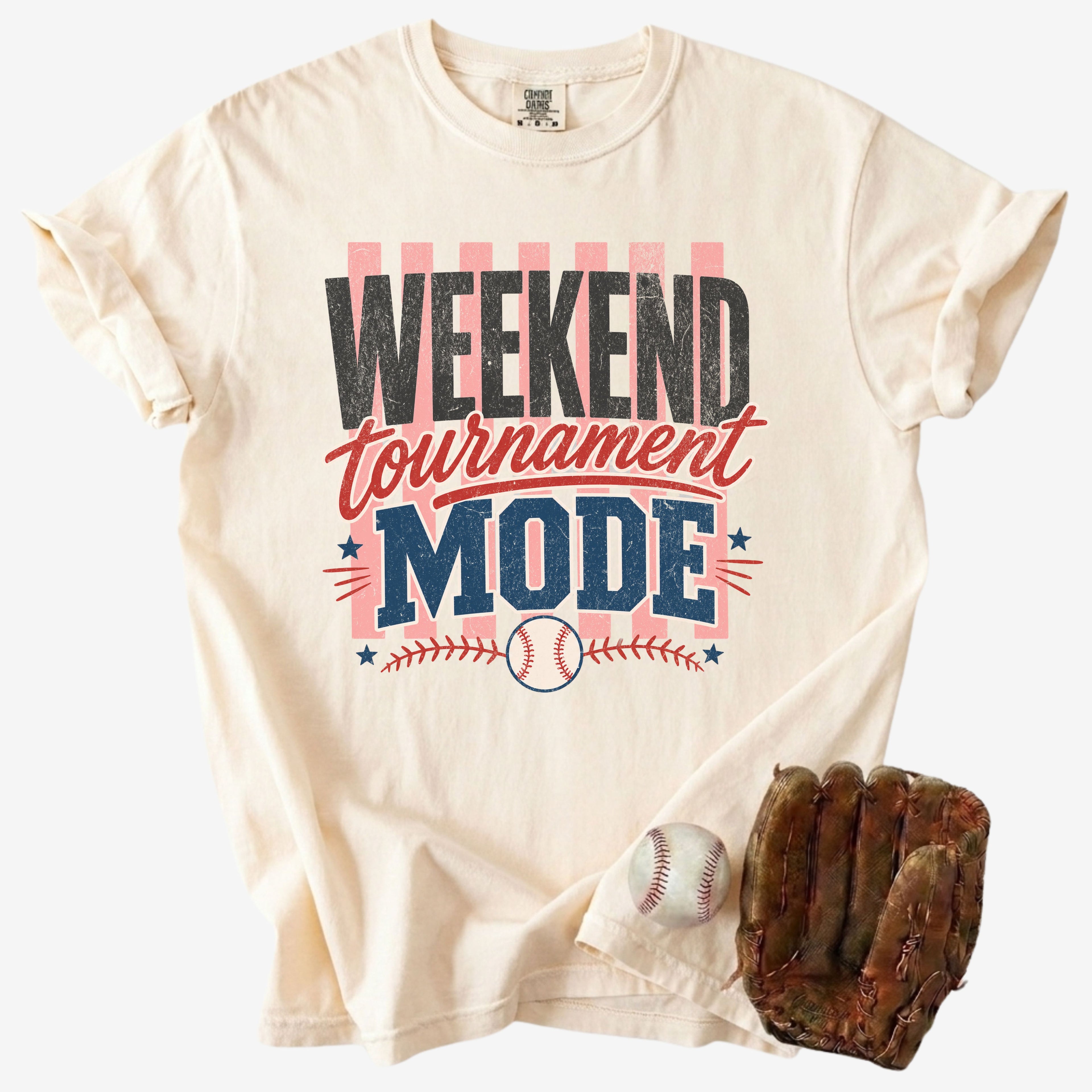 Weekend Tournament Mode baseball mom Comfort Colors tee in ivory with baseball and glove on a white background