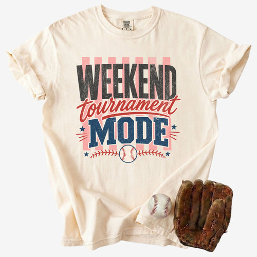 Weekend Tournament Mode baseball mom Comfort Colors tee in ivory with baseball and glove on a white background
