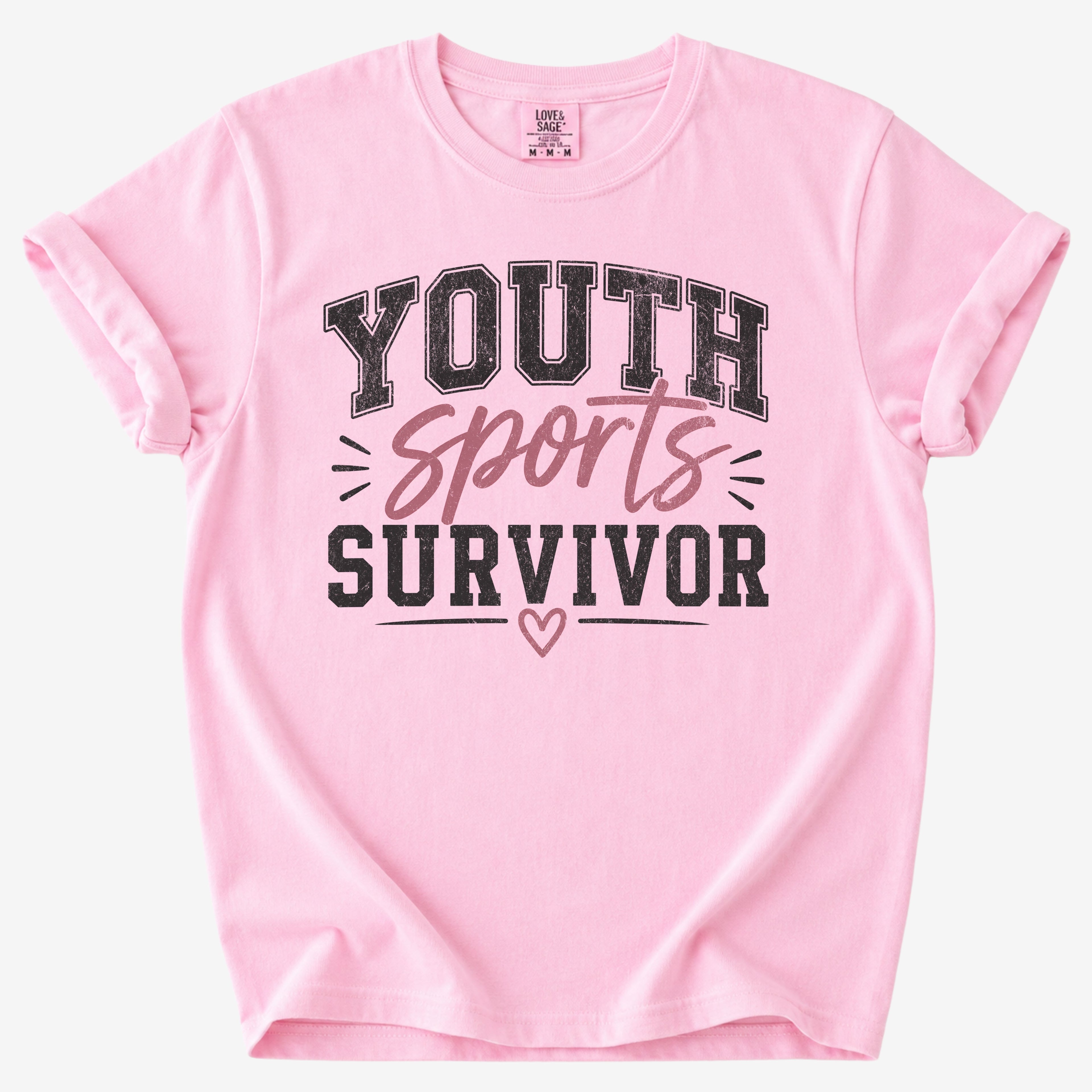 Blossom youth sports survivor shirt for game day moms with pink script design detail