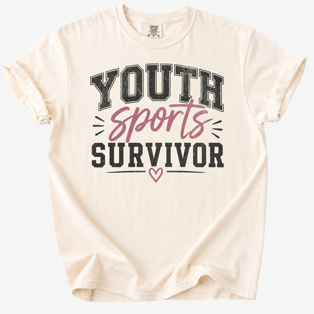 Ivory youth sports survivor shirt for sports moms with varsity and script lettering